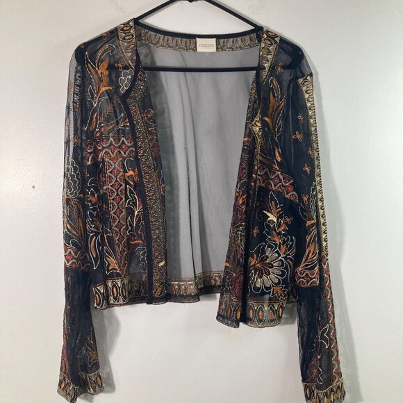 Womens Chicos Sheer Embroidered Mesh Open Cardigan Black Rust Gold L - Picture 1 of 8
